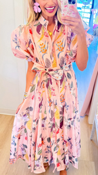 Blushing Botanicals Belted Midi Shirt Dress