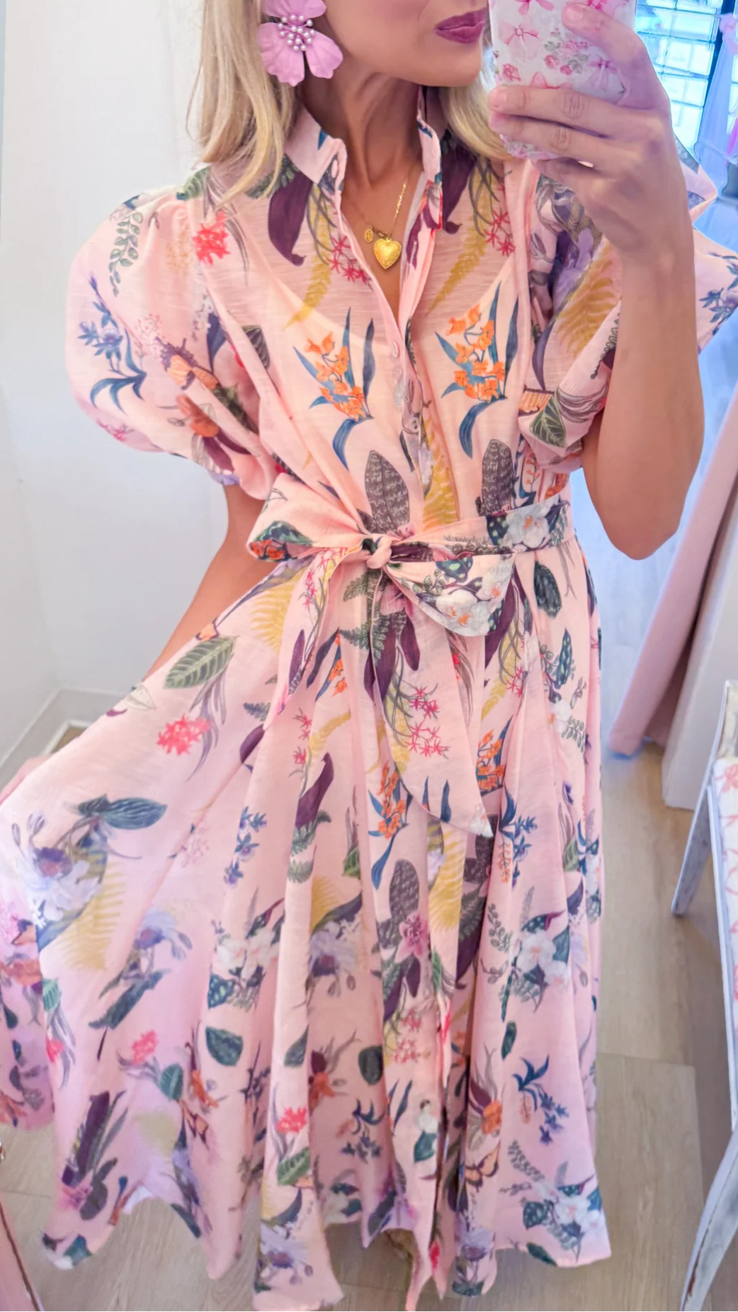 Blushing Botanicals Belted Midi Shirt Dress