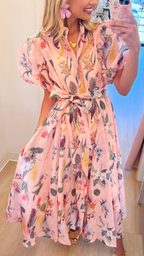 Blushing Botanicals Belted Midi Shirt Dress