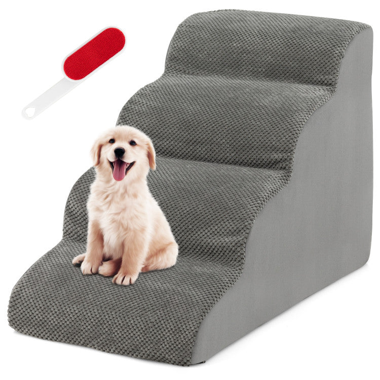 4-Tier Foam Non-Slip Dog Steps with Washable Zippered Cover and Brush