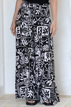 Ashora Pants - Paper Bag High Waisted Wide Leg Pants with Black & White Graphic Print