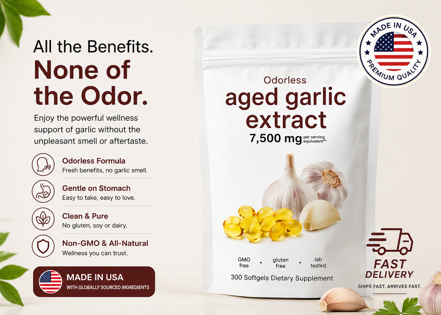 Odorless Garlic 7500mg Per Servings, 300 Softgels | 2 Years Aged Garlic Extra...