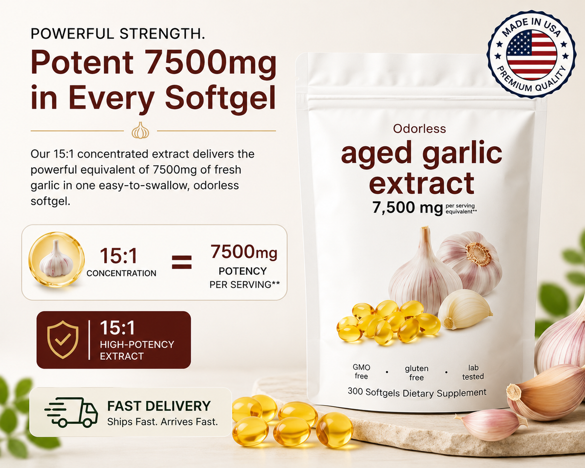Odorless Garlic 7500mg Per Servings, 300 Softgels | 2 Years Aged Garlic Extra...