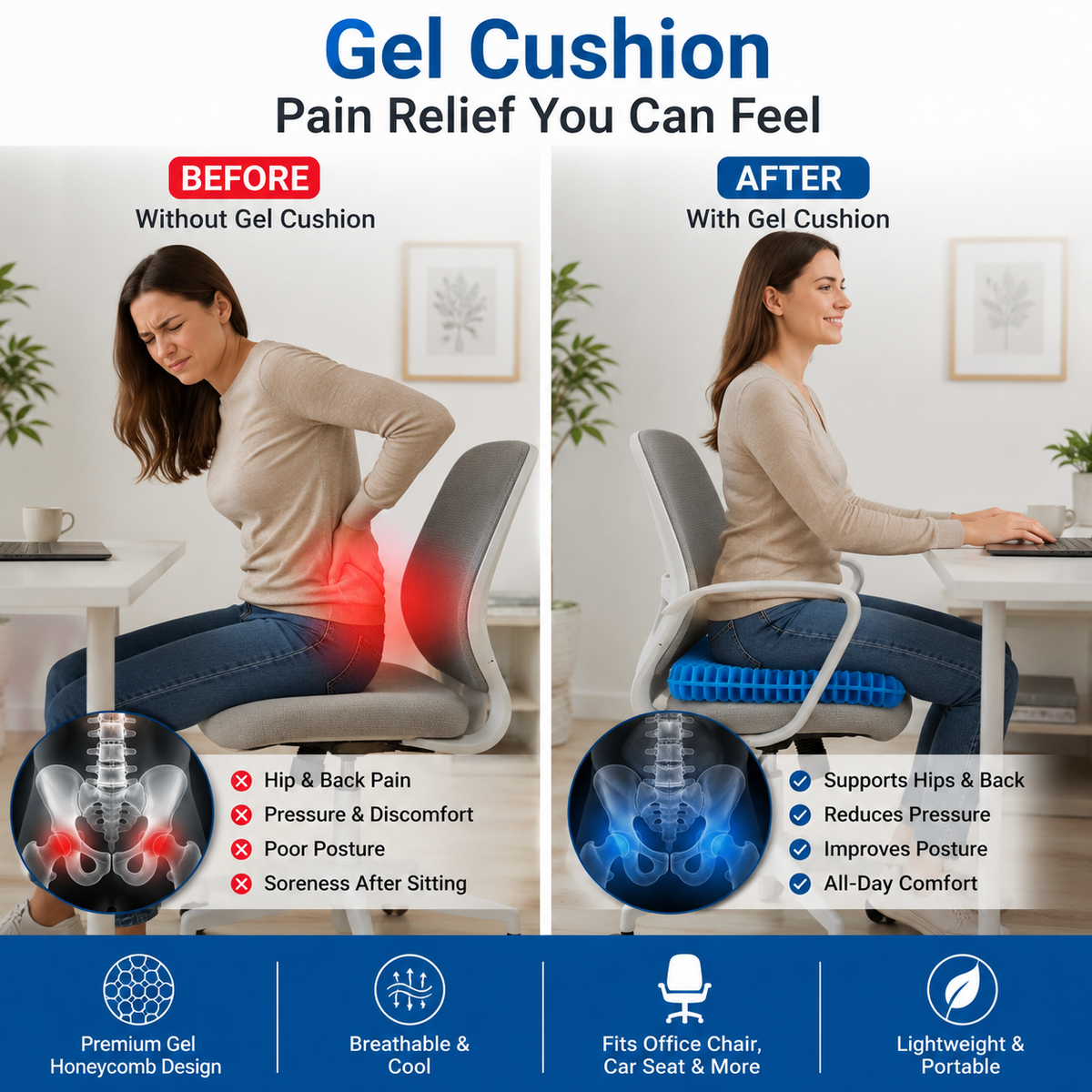 Sciatica Relief Honeycomb Gel Seat Cushion