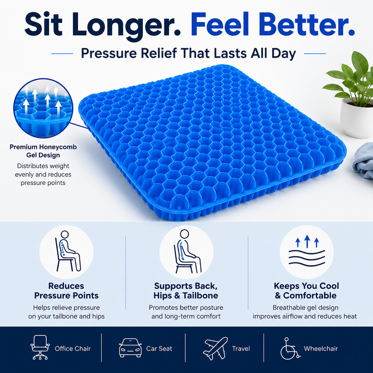 Sciatica Relief Honeycomb Gel Seat Cushion