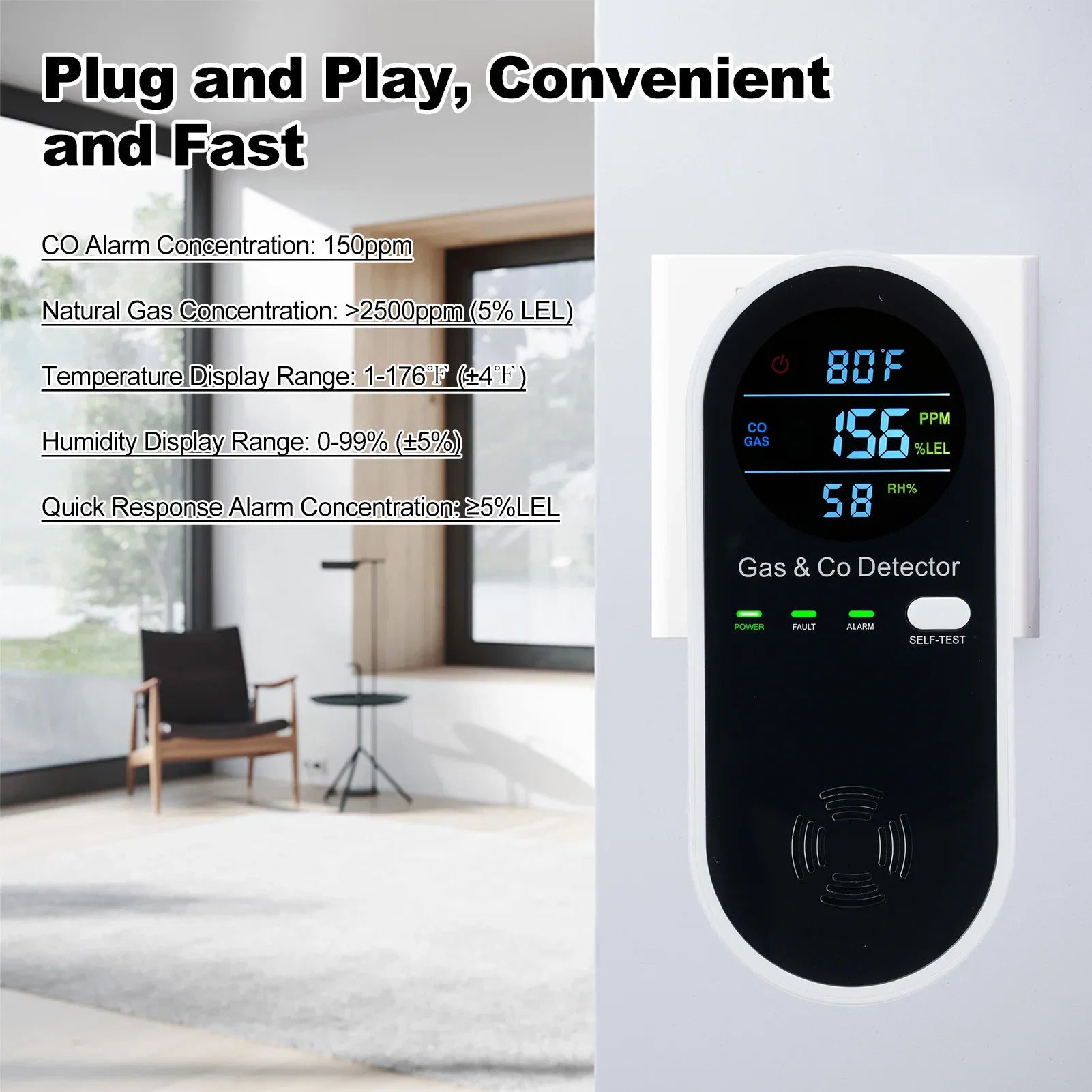 4 in 1 CO Monitor Alarm with LCD Display Carbon Monoxide & Natural Gas Combination Detector Plug in Wall Detectors CO & Natural