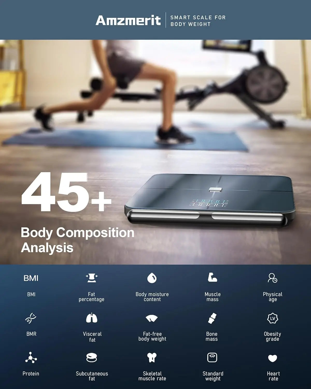 Smart Body Fat Scale with 8-Electrodes, Bluetooth/WiFi, Rechargeable for Accurate BMI and Health Tracking