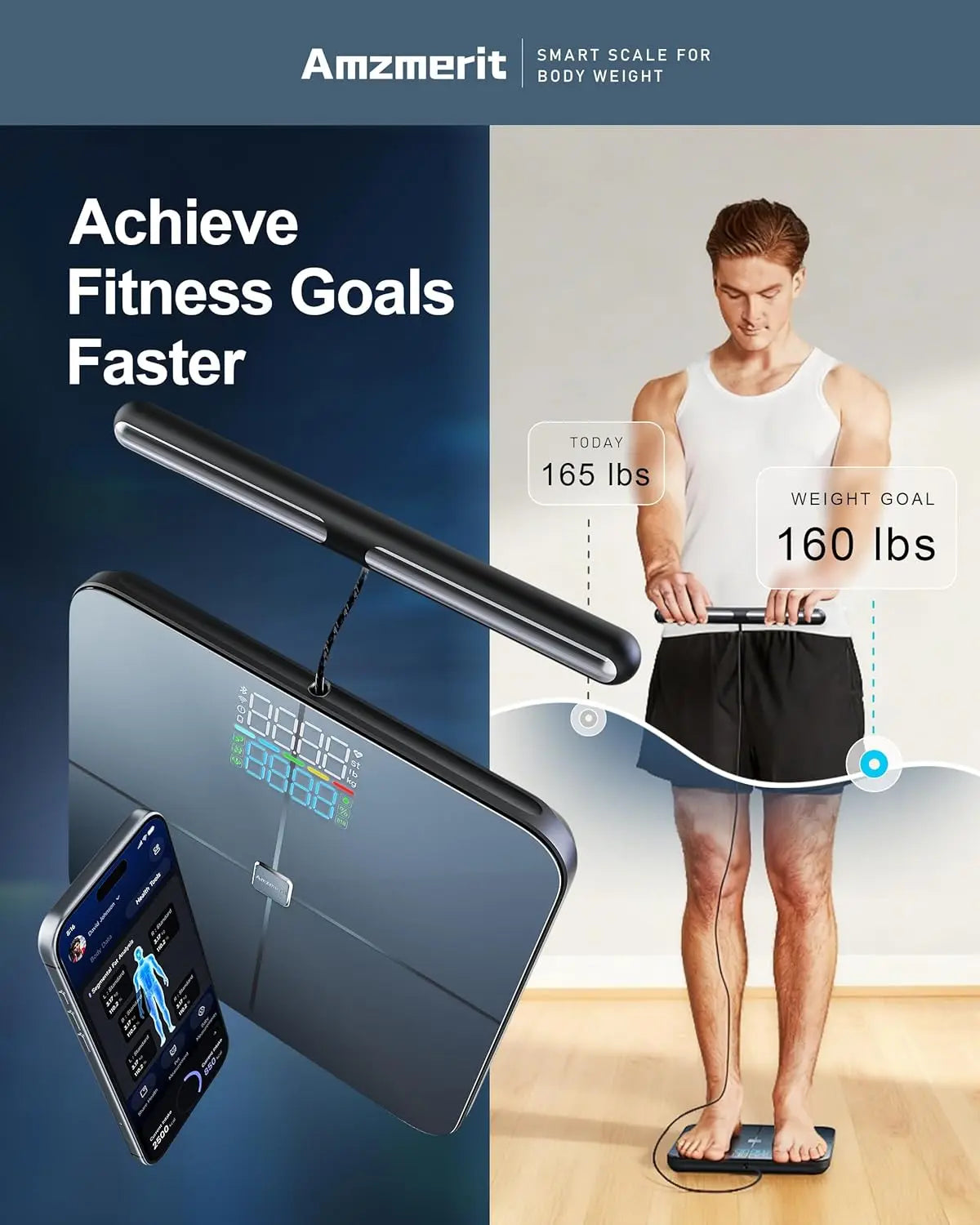 Smart Body Fat Scale with 8-Electrodes, Bluetooth/WiFi, Rechargeable for Accurate BMI and Health Tracking