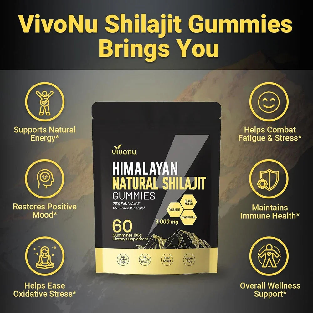 Himalayan Shilajit Gummies with Ashwagandha & Gokshura | 85+ Trace Minerals & Fu