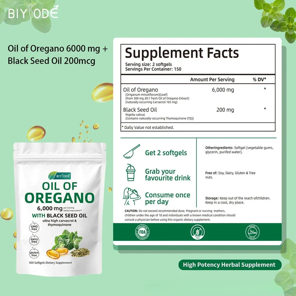 Oil of Oregano 300 Softgels with Black Seed Oil - 6000mg Oregano Oil Strength