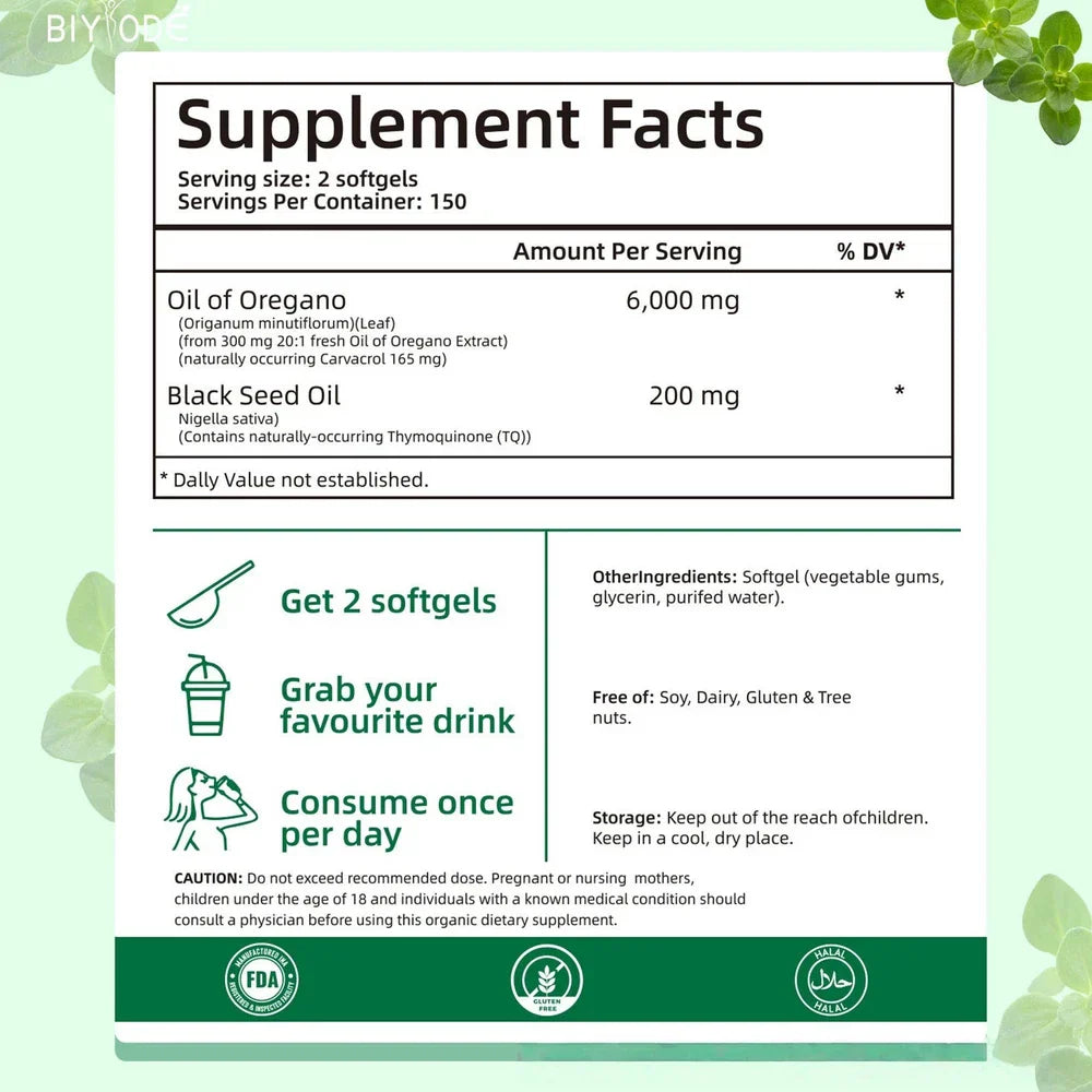 Oil of Oregano 300 Softgels with Black Seed Oil - 6000mg Oregano Oil Strength