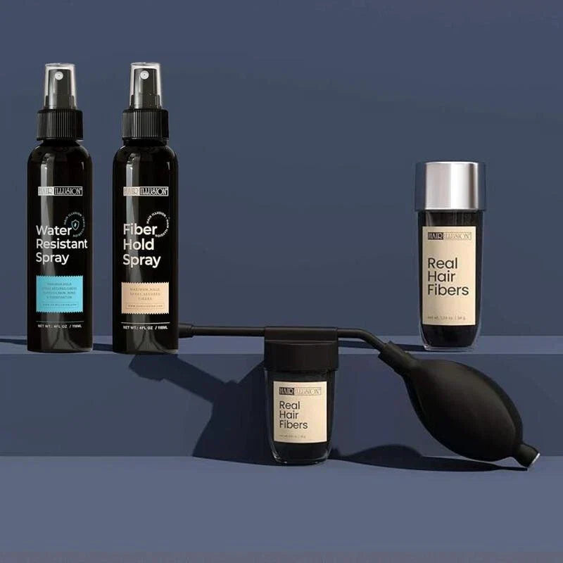 Hair Illusion 100% Real Hair Fibers Combo: Fibers, Hold & Water Spray, & App.