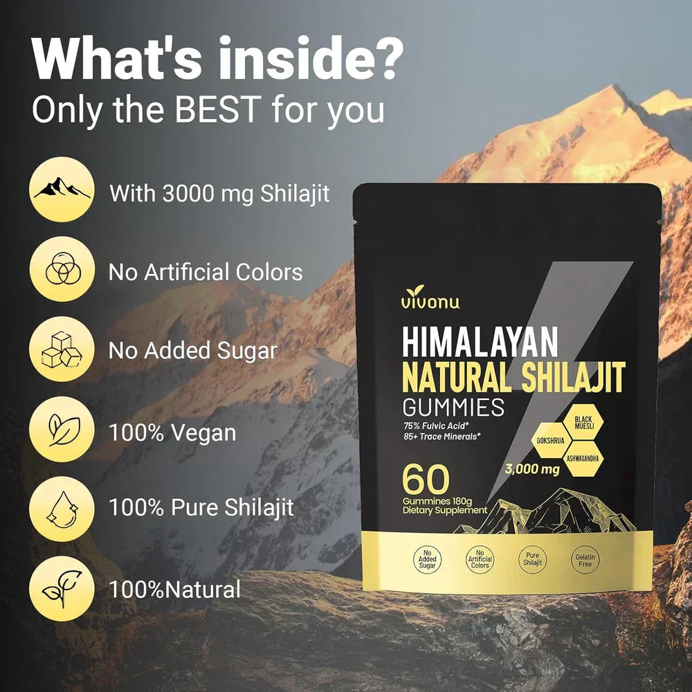 Himalayan Shilajit Gummies with Ashwagandha & Gokshura | 85+ Trace Minerals & Fu